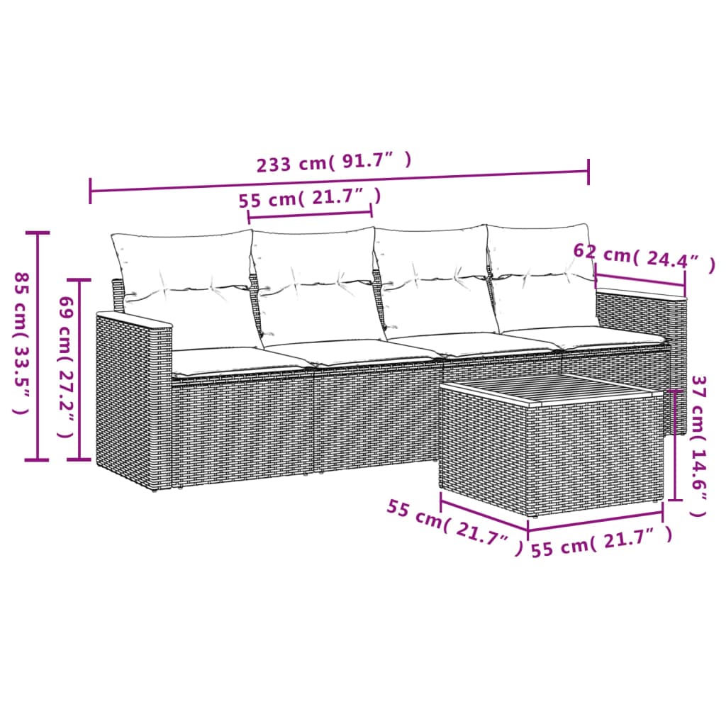 5-tlg. Garten-Sofagarnitur mit Kissen Grau Poly Rattan