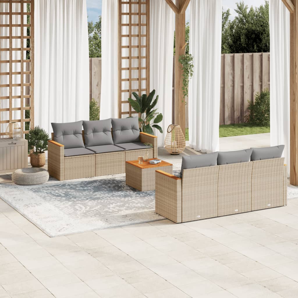 7-tlg. Garten-Sofagarnitur mit Kissen Beige Poly Rattan