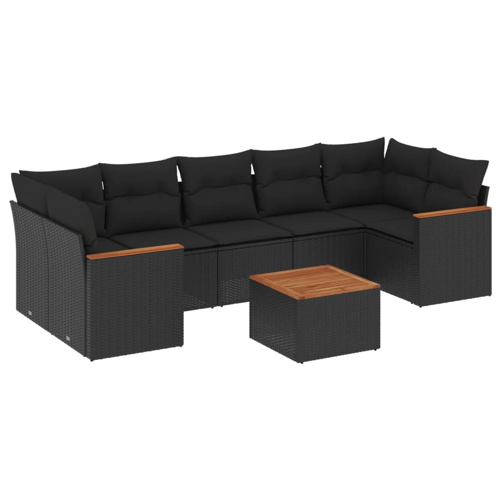 8-piece garden sofa set with cushions, black poly rattan