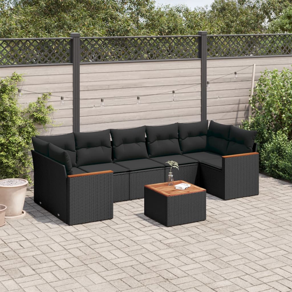 8-piece garden sofa set with cushions, black poly rattan