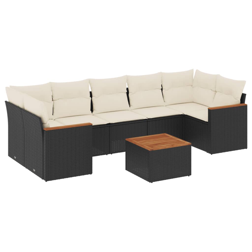 8-piece garden sofa set with cushions, black poly rattan