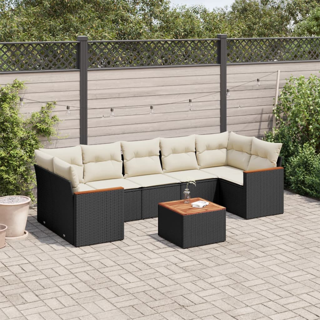 8-piece garden sofa set with cushions, black poly rattan