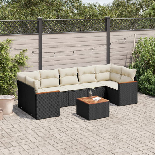 8-piece garden sofa set with cushions, black poly rattan