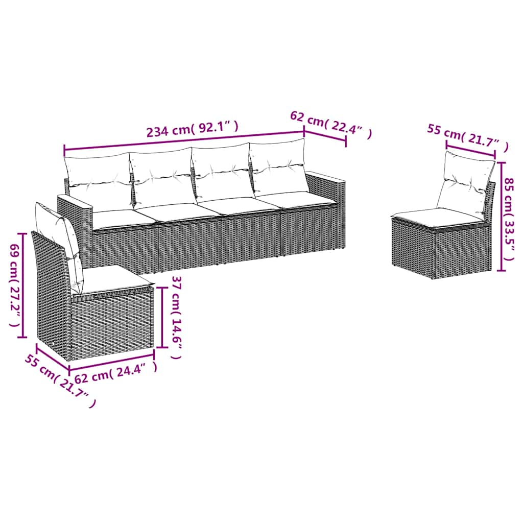 6-tlg. Garten-Sofagarnitur mit Kissen Schwarz Poly Rattan