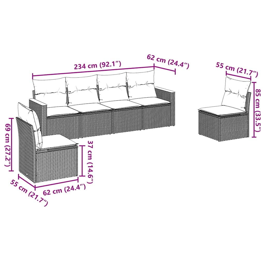 6-tlg. Garten-Sofagarnitur mit Kissen Schwarz Poly Rattan