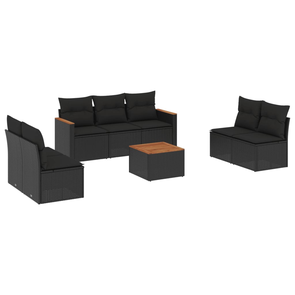 8-piece garden sofa set with cushions, black poly rattan