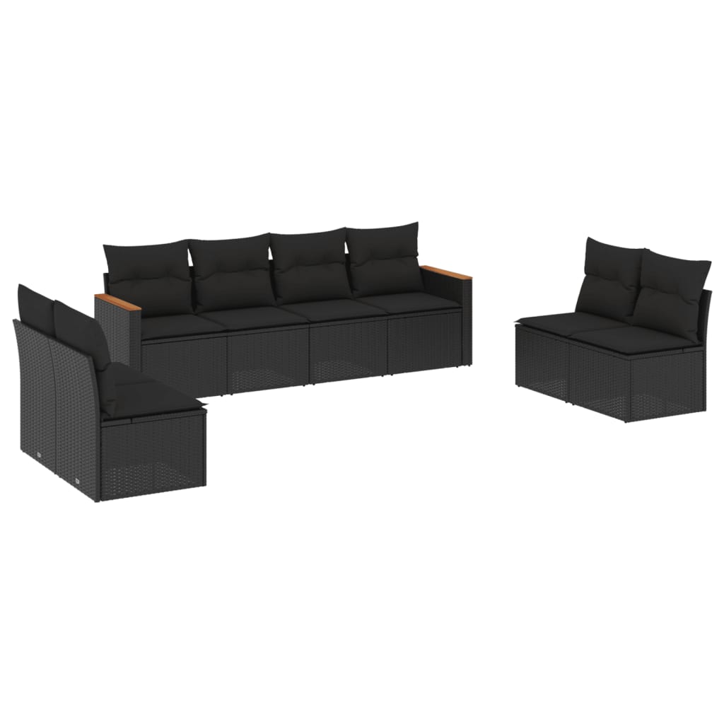 8-piece garden sofa set with cushions, black poly rattan
