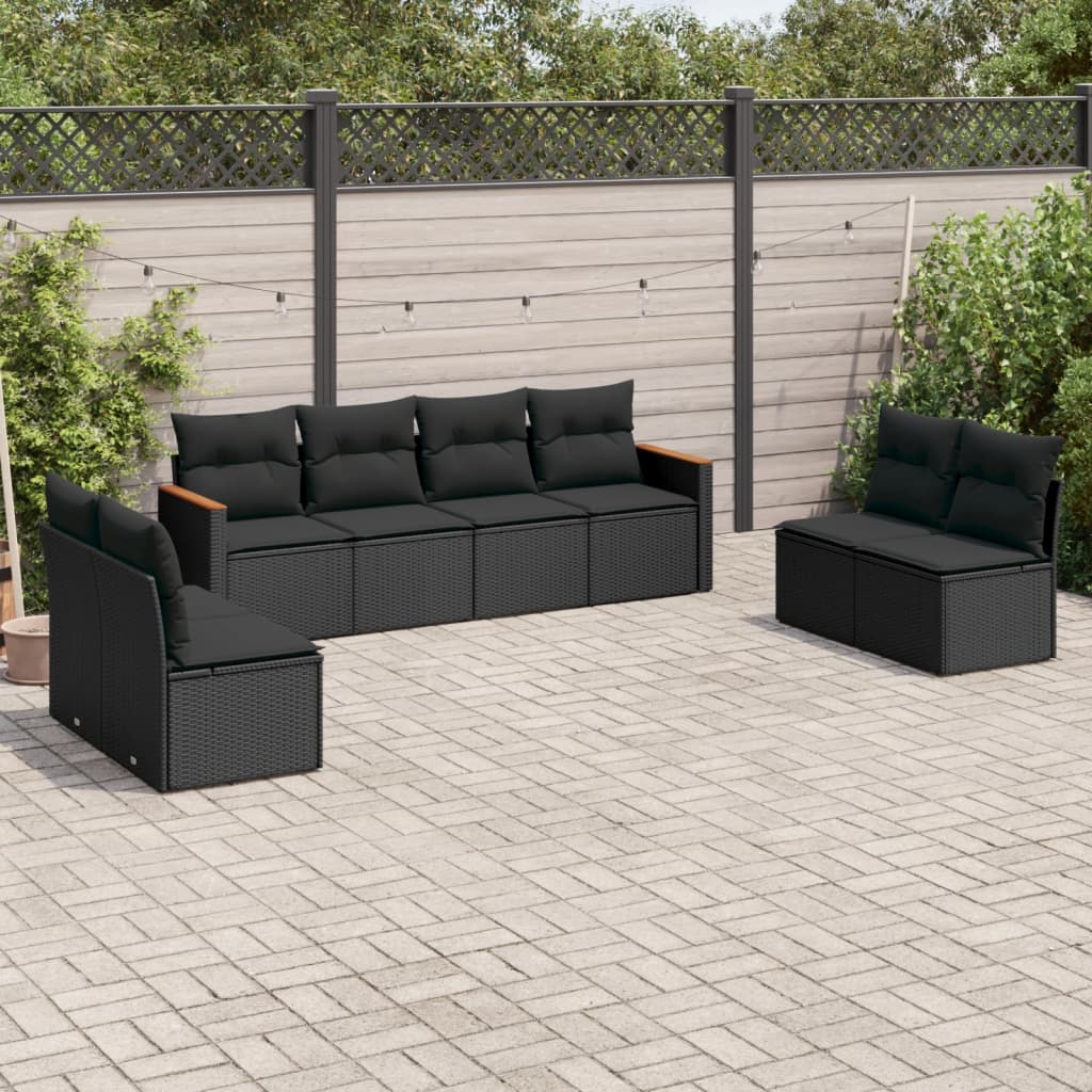8-piece garden sofa set with cushions, black poly rattan