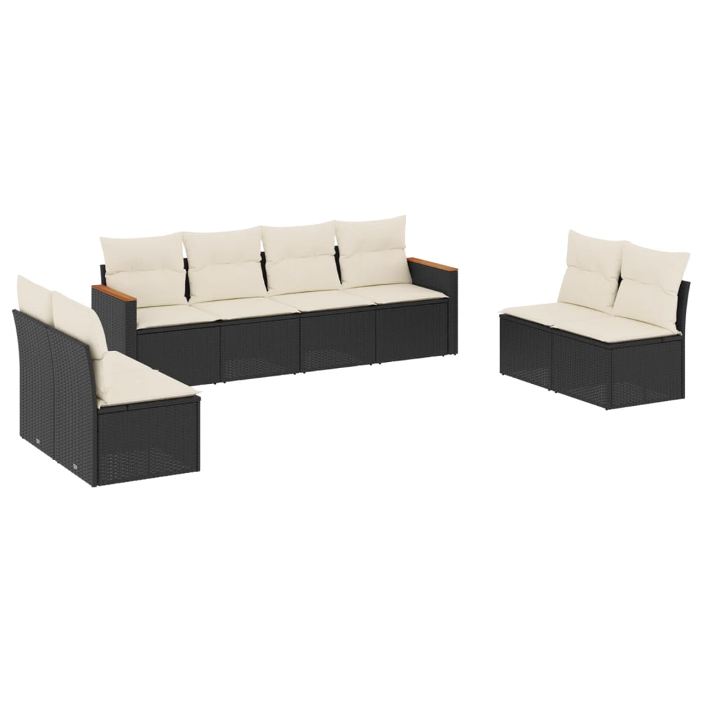 8-piece garden sofa set with cushions, black poly rattan