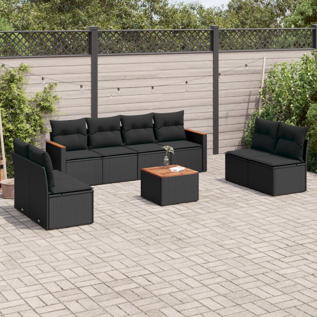 9-tlg. Garten-Sofagarnitur mit Kissen Schwarz Poly Rattan