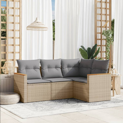 4-tlg. Garten-Sofagarnitur mit Kissen Beige Poly Rattan