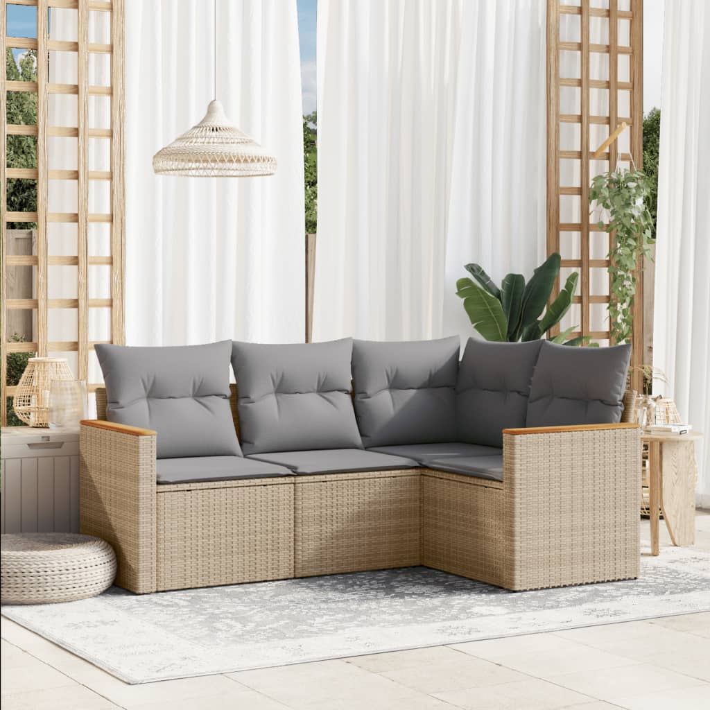 4-tlg. Garten-Sofagarnitur mit Kissen Beige Poly Rattan