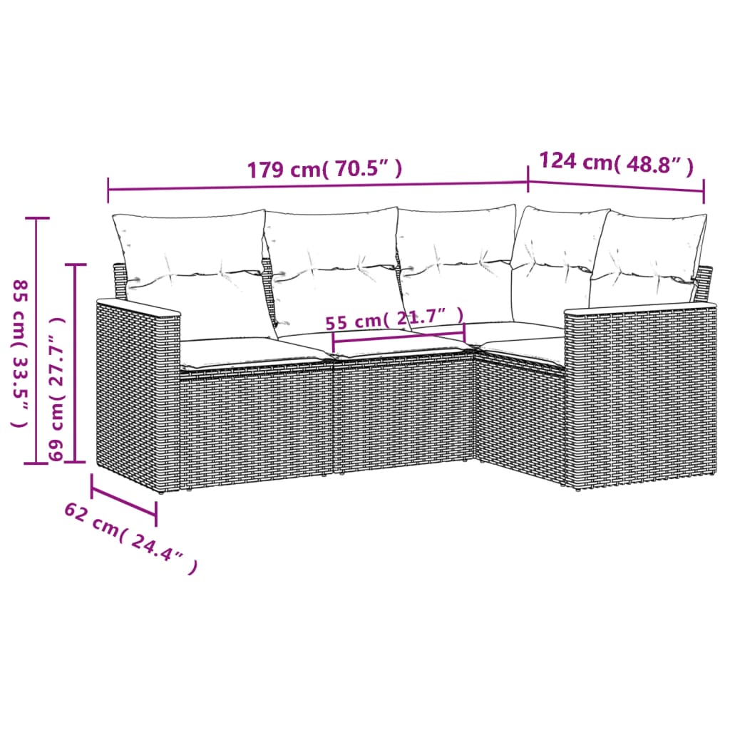 4-tlg. Garten-Sofagarnitur mit Kissen Grau Poly Rattan