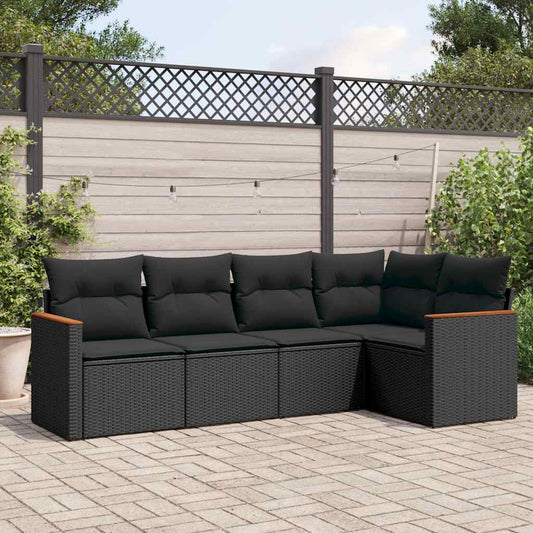 5-tlg. Garten-Sofagarnitur mit Kissen Schwarz Poly Rattan