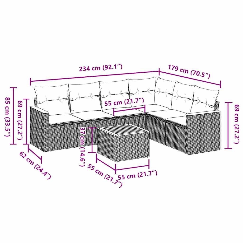 7-tlg. Garten-Sofagarnitur mit Kissen Schwarz Poly Rattan