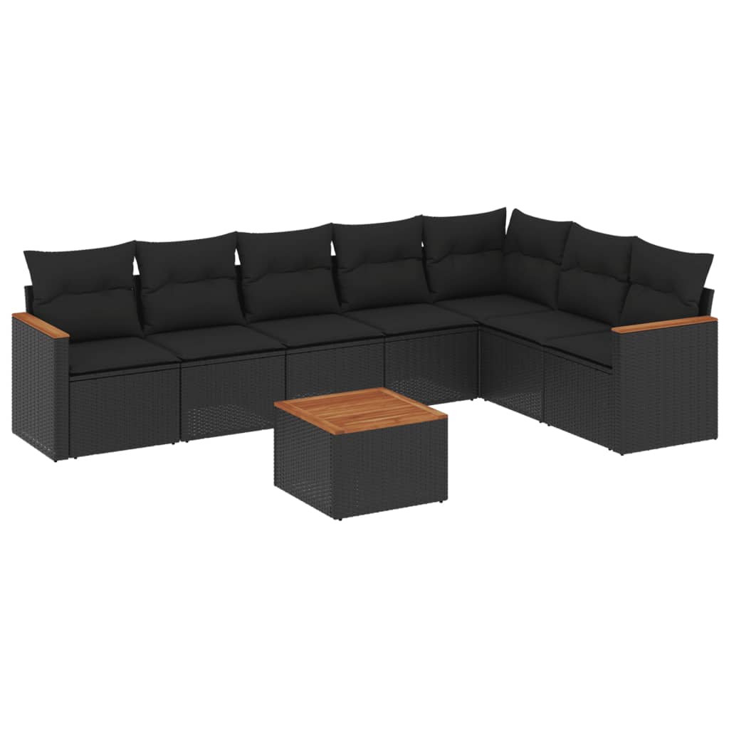 8-piece garden sofa set with cushions, black poly rattan