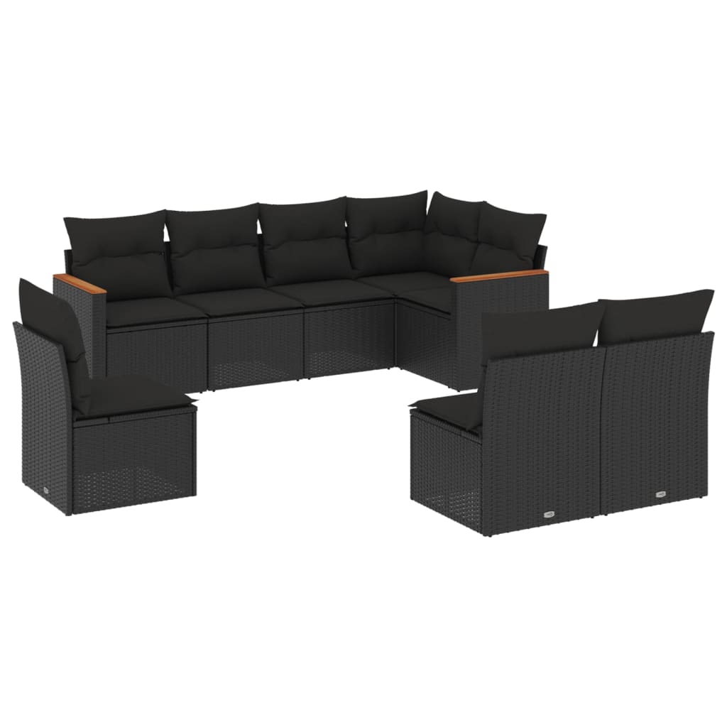 8-piece garden sofa set with cushions, black poly rattan