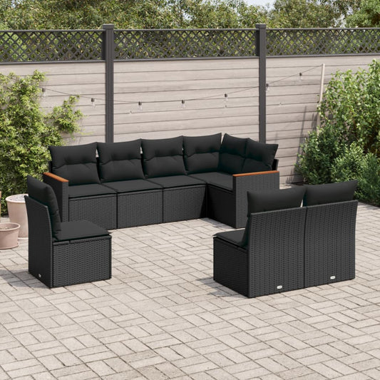 8-piece garden sofa set with cushions, black poly rattan