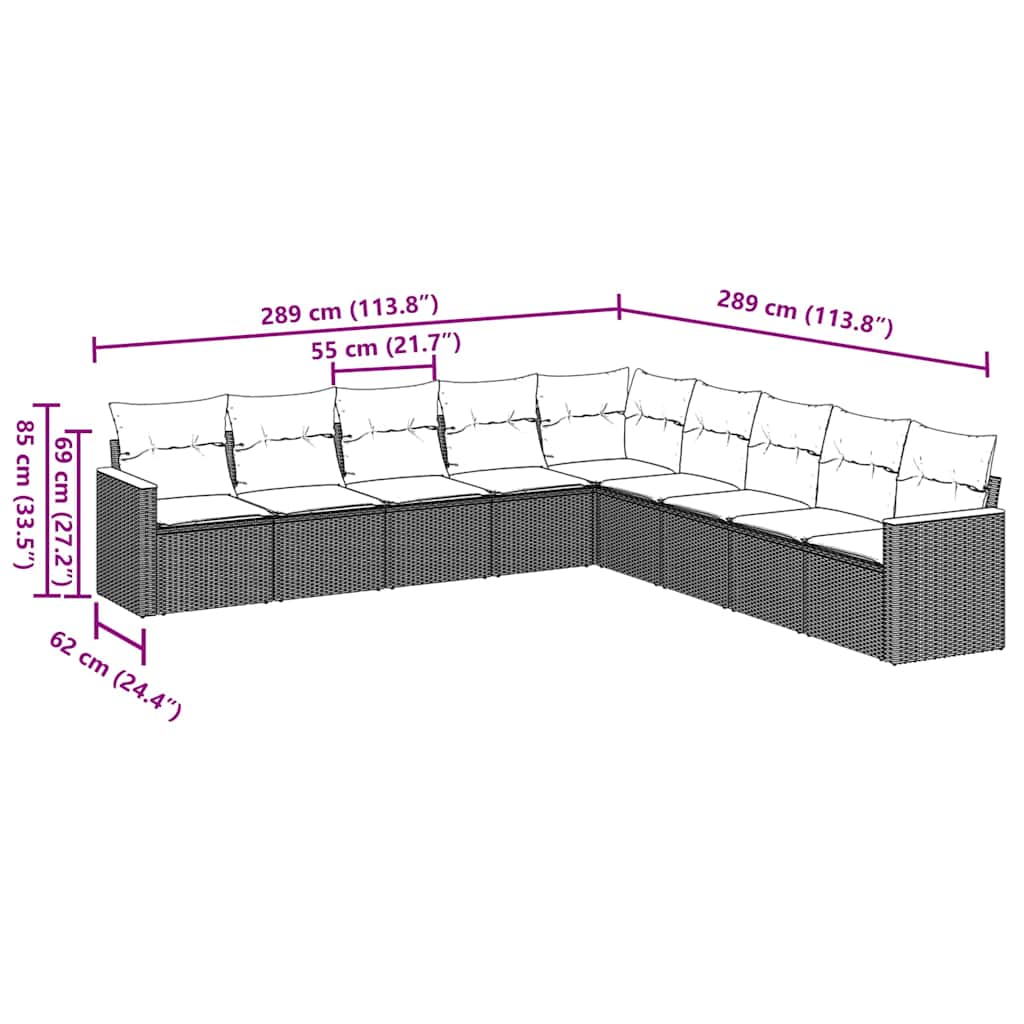 9-tlg. Garten-Sofagarnitur mit Kissen Schwarz Poly Rattan