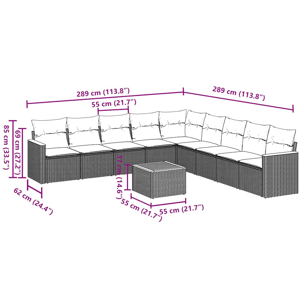 10-tlg. Garten-Sofagarnitur mit Kissen Schwarz Poly Rattan
