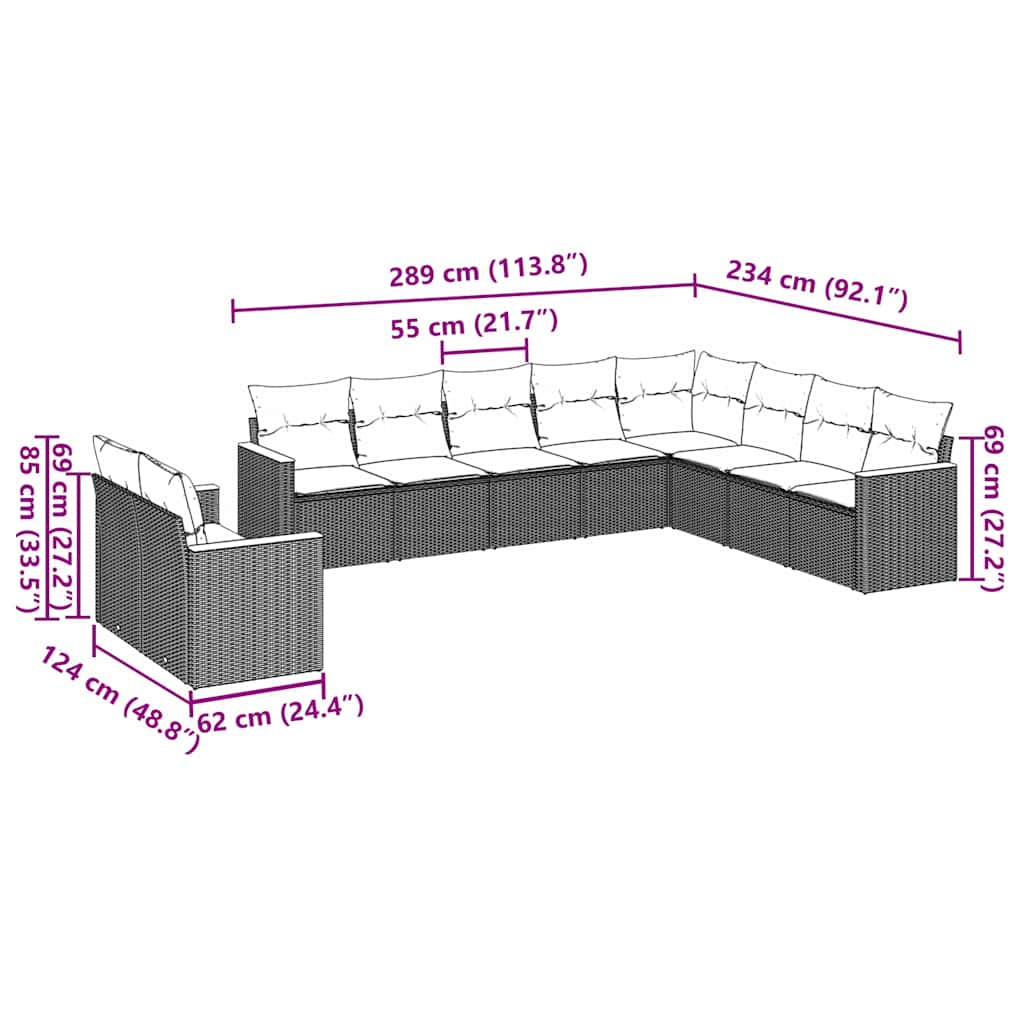 10-tlg. Garten-Sofagarnitur mit Kissen Schwarz Poly Rattan