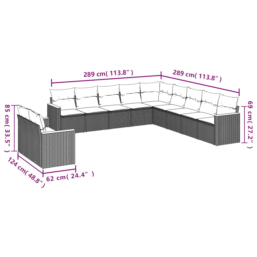11-tlg. Garten-Sofagarnitur mit Kissen Schwarz Poly Rattan