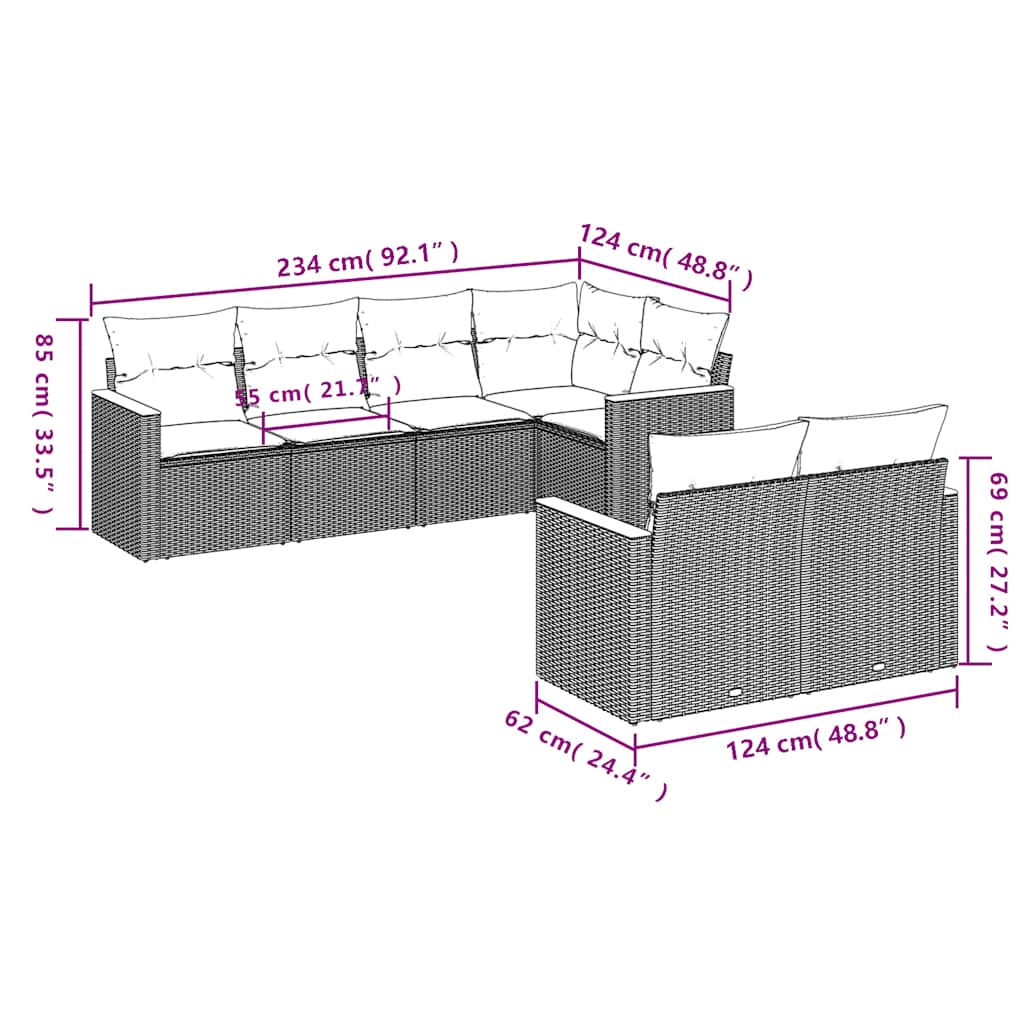 7-tlg. Garten-Sofagarnitur mit Kissen Schwarz Poly Rattan