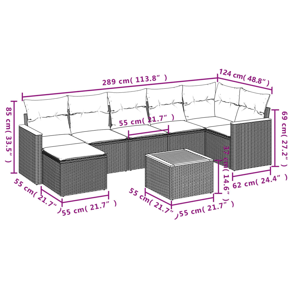 8-piece garden sofa set with cushions, black poly rattan