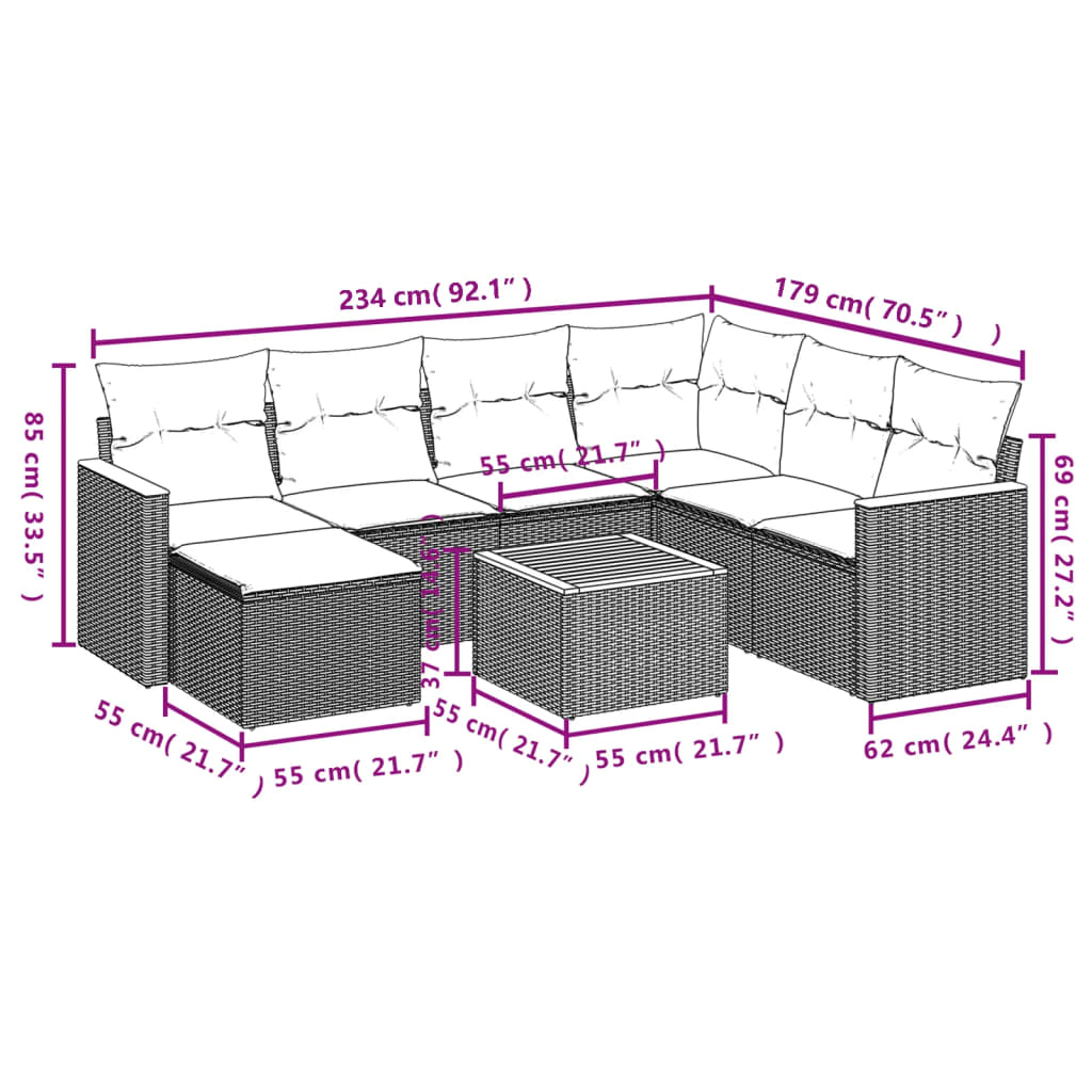 8-piece garden sofa set with cushions, black poly rattan