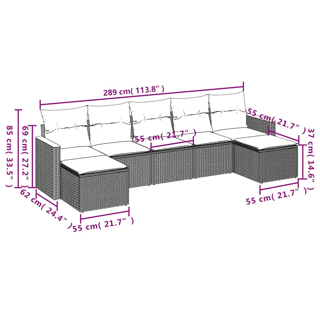 7-tlg. Garten-Sofagarnitur mit Kissen Schwarz Poly Rattan