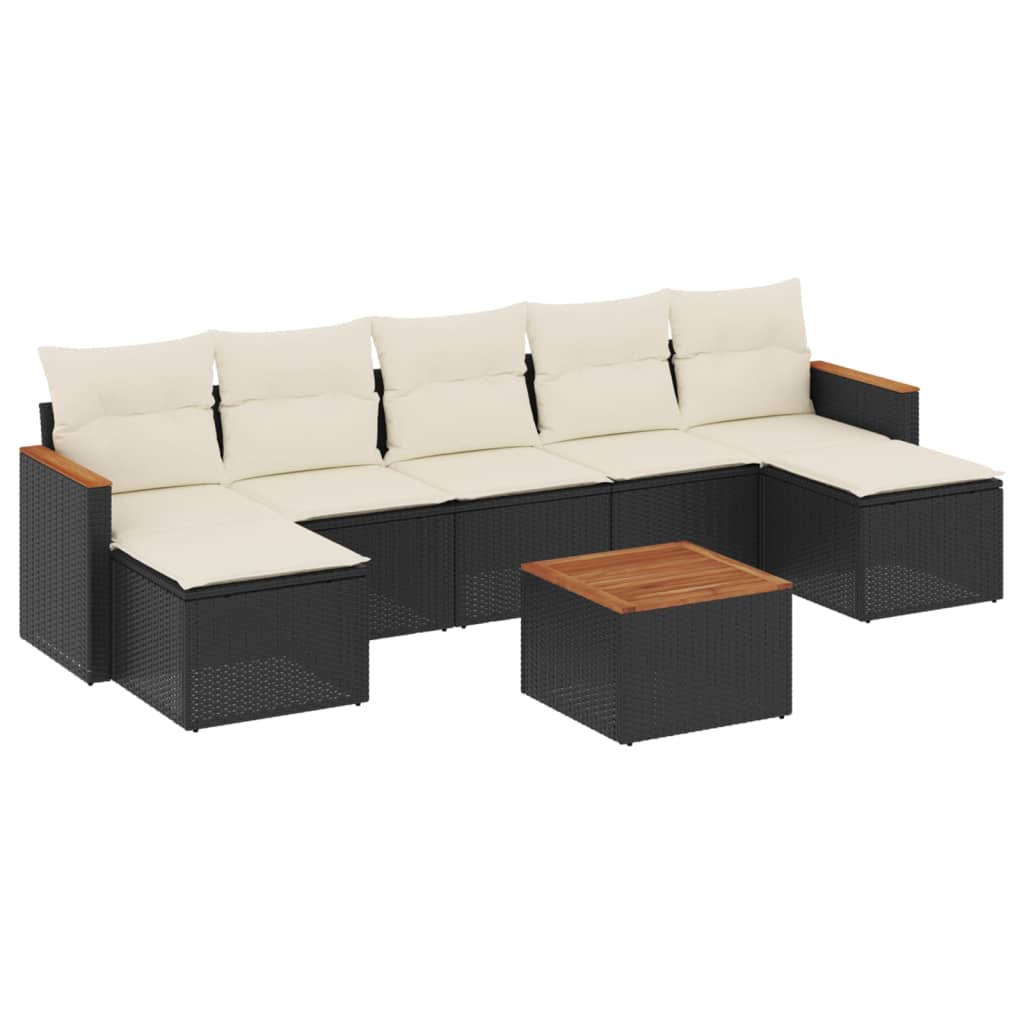8-piece garden sofa set with cushions, black poly rattan