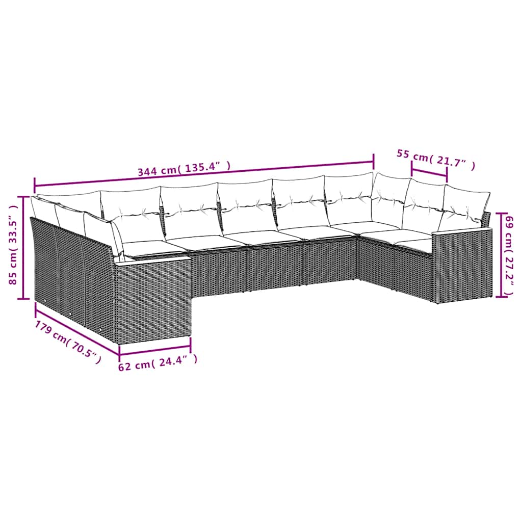 10-tlg. Garten-Sofagarnitur mit Kissen Schwarz Poly Rattan