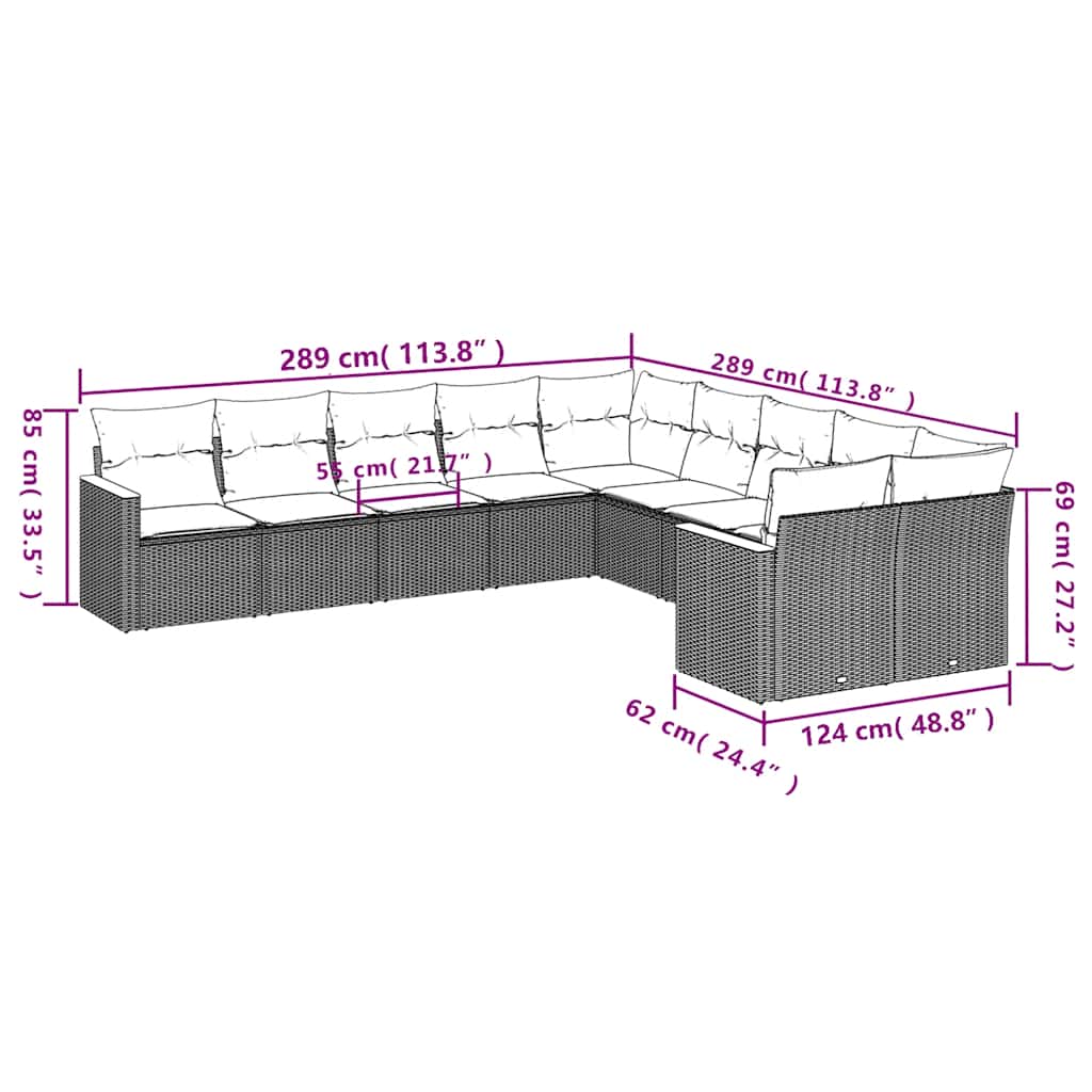 10-tlg. Garten-Sofagarnitur mit Kissen Schwarz Poly Rattan