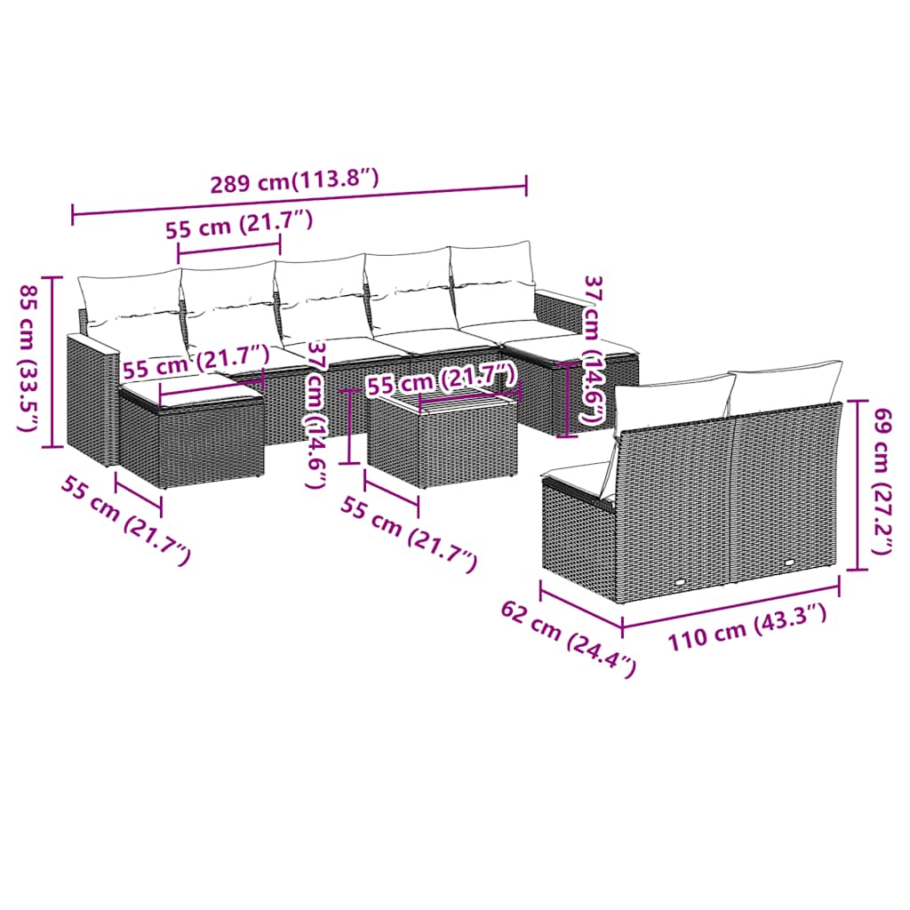 10-tlg. Garten-Sofagarnitur mit Kissen Schwarz Poly Rattan
