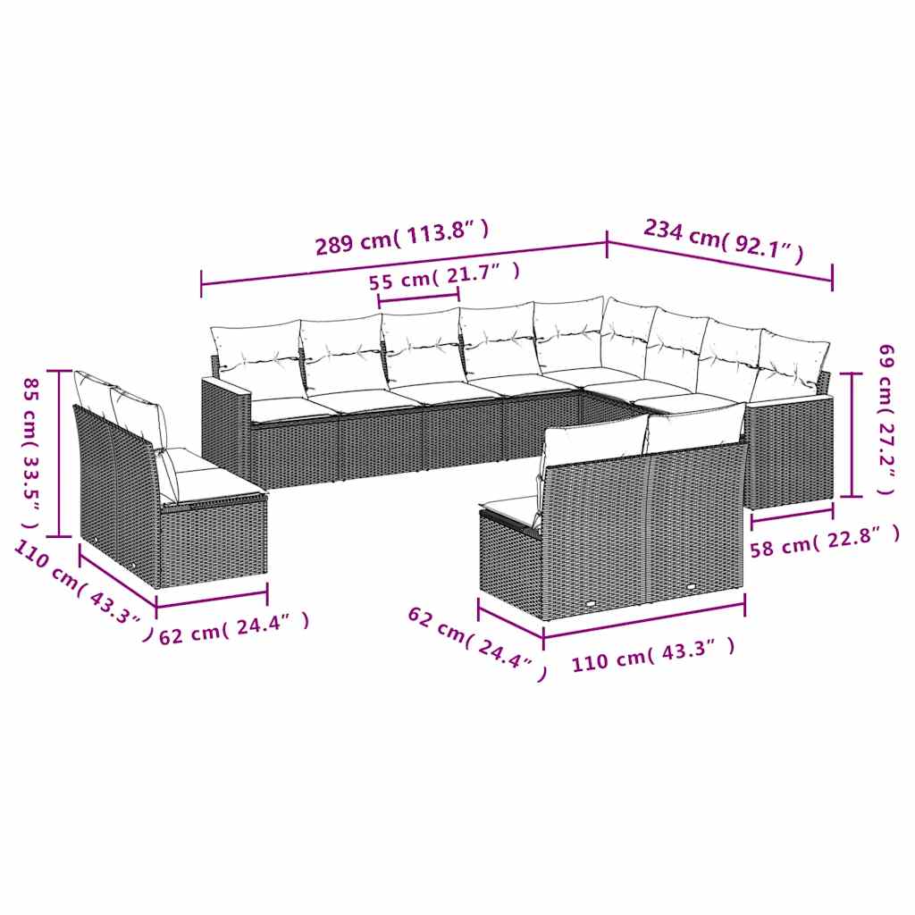 12-tlg. Garten-Sofagarnitur mit Kissen Schwarz Poly Rattan
