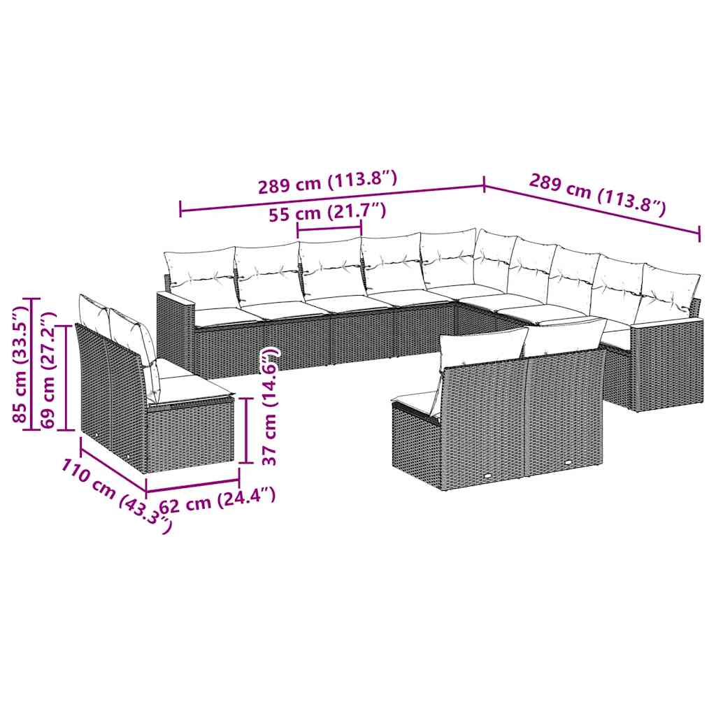 13-tlg. Garten-Sofagarnitur mit Kissen Schwarz Poly Rattan