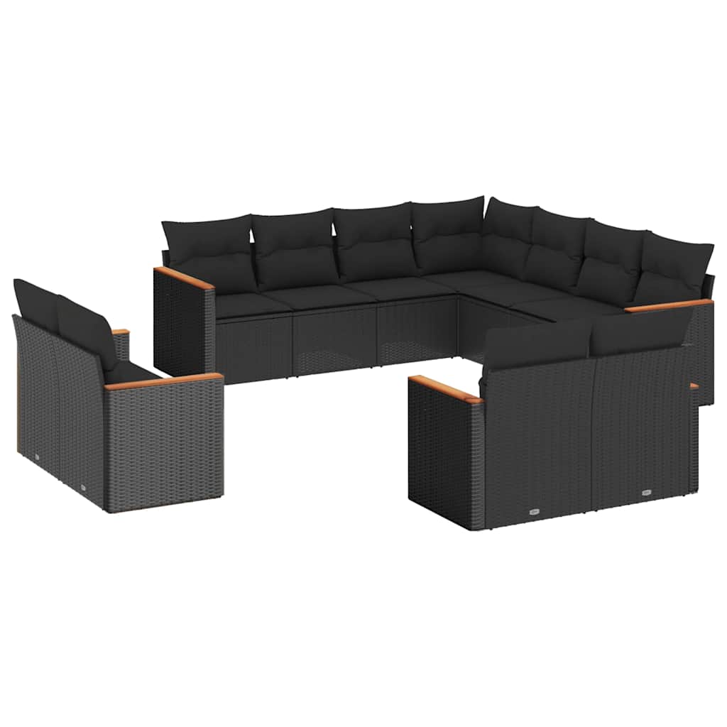 11-tlg. Garten-Sofagarnitur mit Kissen Schwarz Poly Rattan