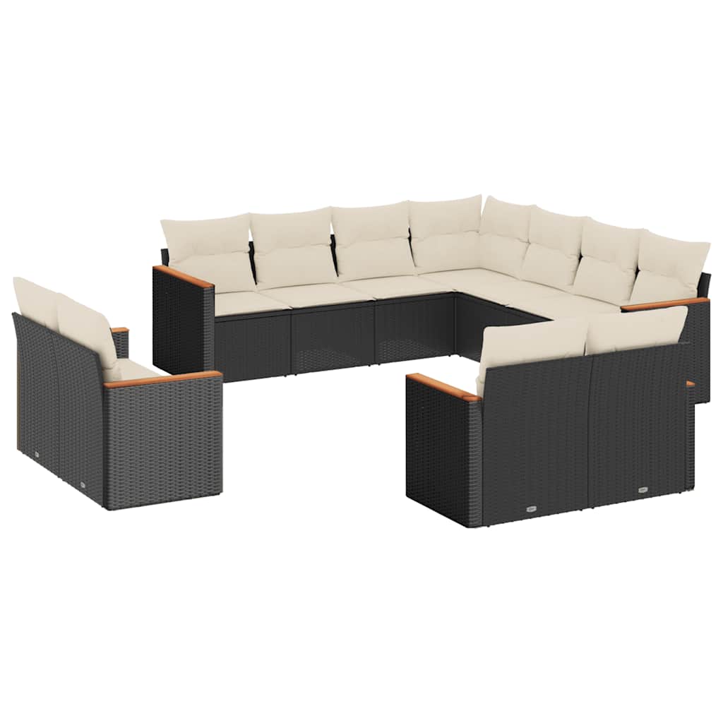 11-tlg. Garten-Sofagarnitur mit Kissen Schwarz Poly Rattan