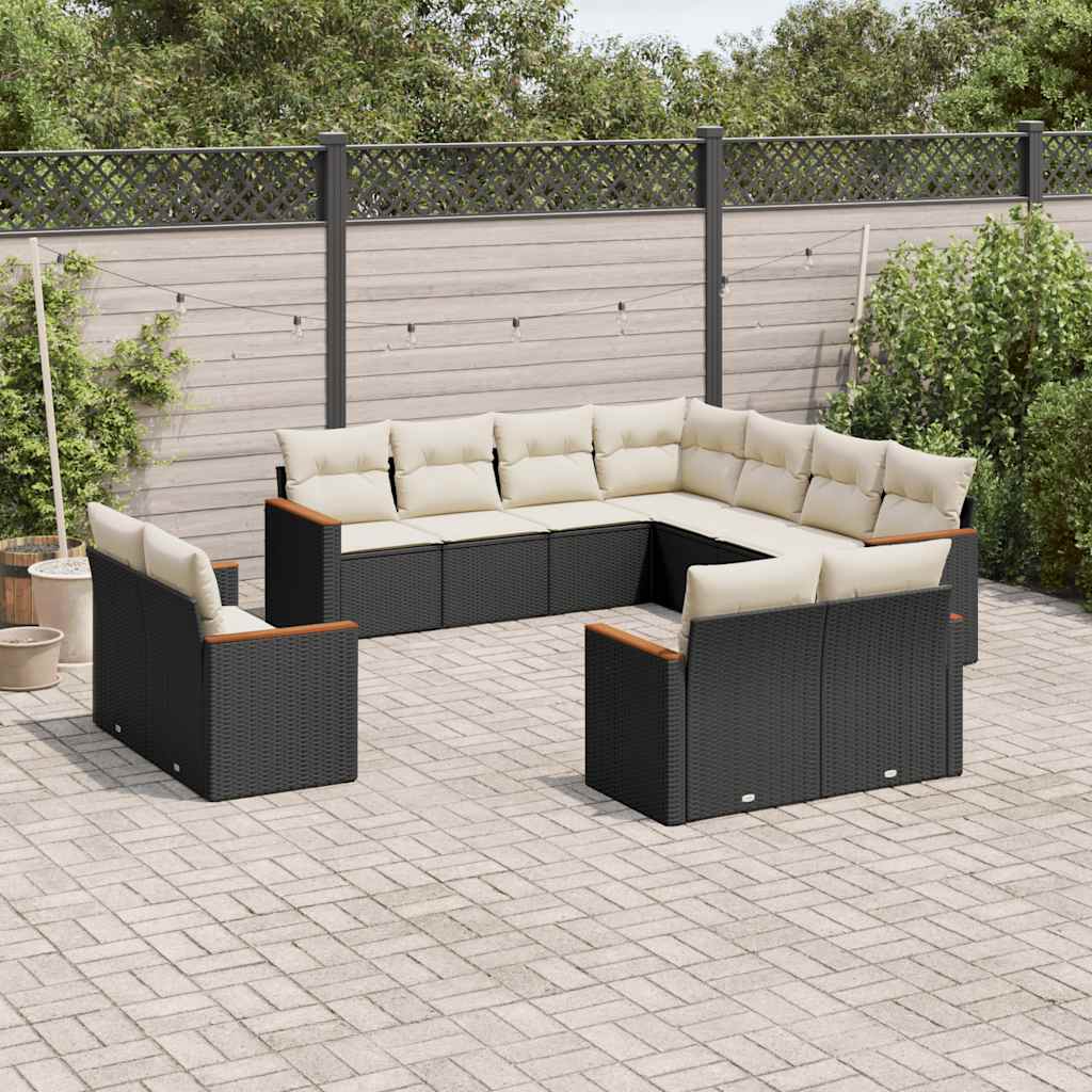 11-tlg. Garten-Sofagarnitur mit Kissen Schwarz Poly Rattan