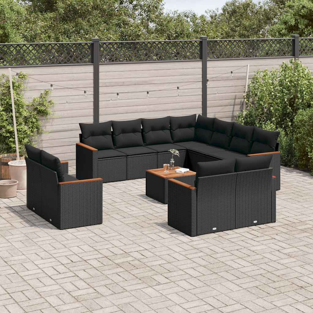 12-tlg. Garten-Sofagarnitur mit Kissen Schwarz Poly Rattan