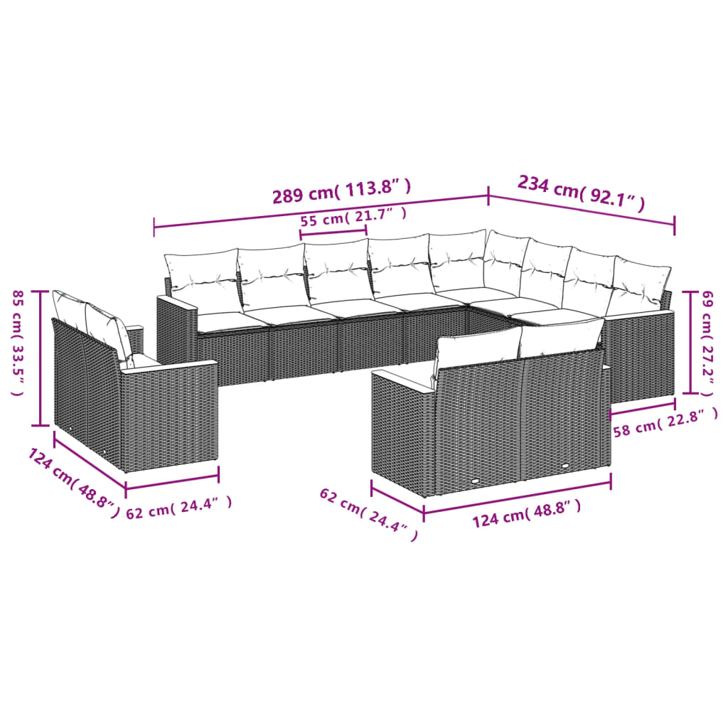 12-tlg. Garten-Sofagarnitur mit Kissen Schwarz Poly Rattan