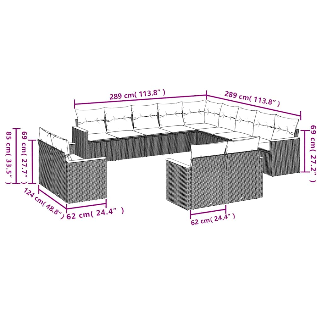 13-tlg. Garten-Sofagarnitur mit Kissen Schwarz Poly Rattan