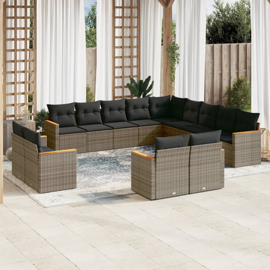 13-tlg. Garten-Sofagarnitur mit Kissen Grau Poly Rattan