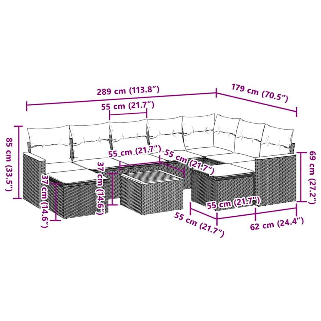 10-tlg. Garten-Sofagarnitur mit Kissen Schwarz Poly Rattan