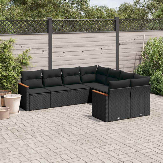 8-tlg. Garten-Sofagarnitur mit Kissen Schwarz Poly Rattan