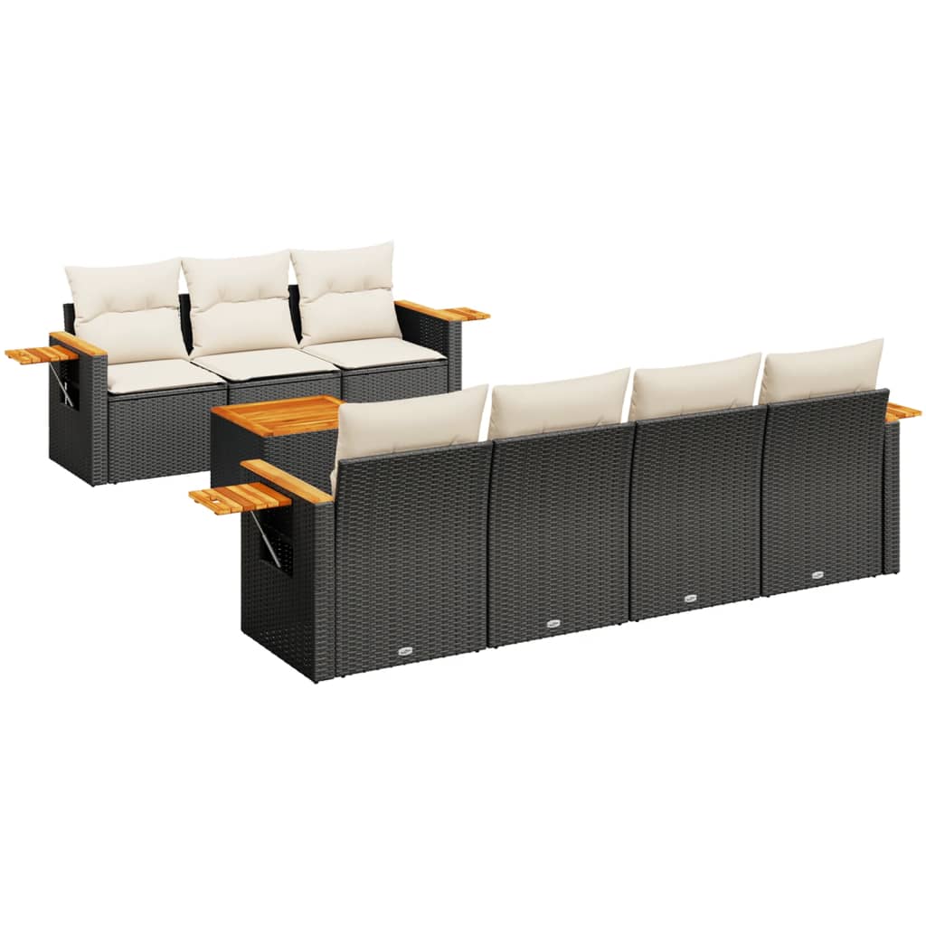 8-piece garden sofa set with cushions, black poly rattan