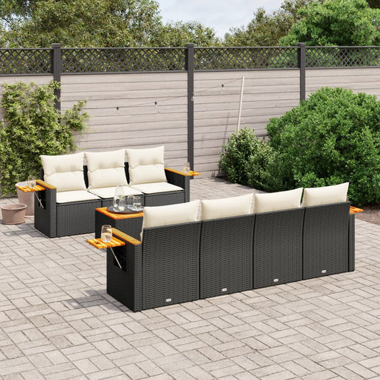 8-piece garden sofa set with cushions, black poly rattan