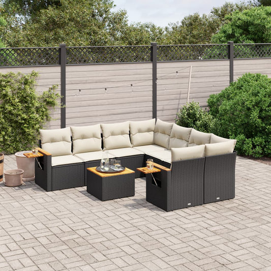 9-tlg. Garten-Sofagarnitur mit Kissen Schwarz Poly Rattan