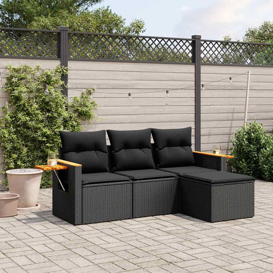 4-tlg. Garten-Sofagarnitur mit Kissen Schwarz Poly Rattan