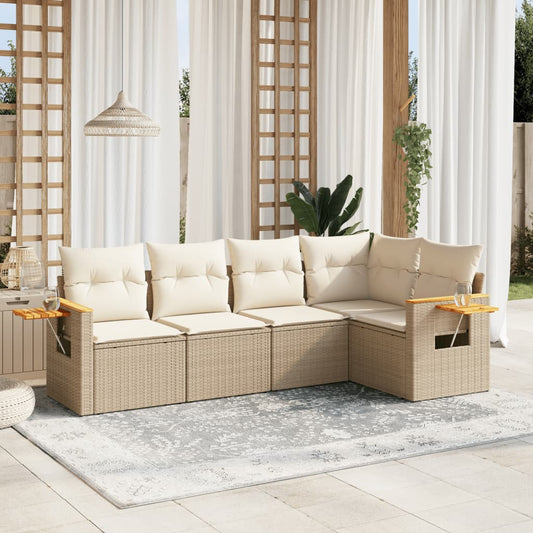 5-tlg. Garten-Sofagarnitur mit Kissen Beige Poly Rattan